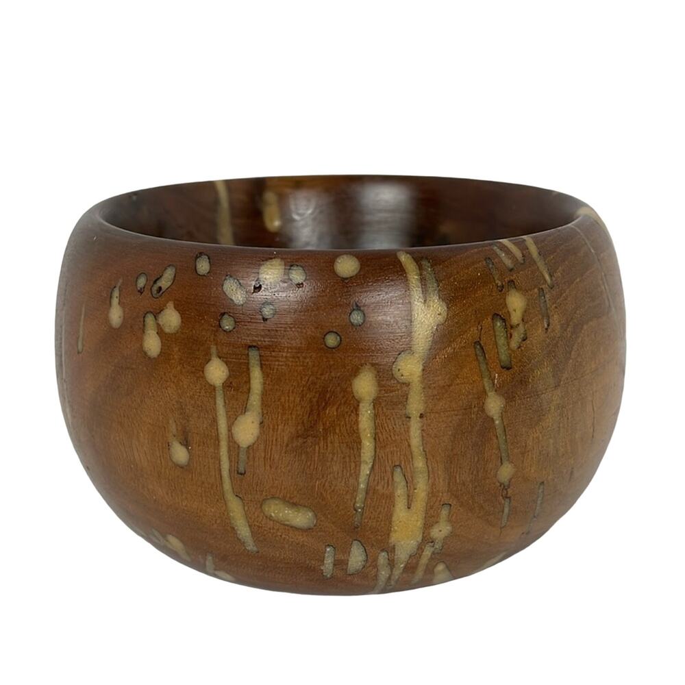 Unique Brown Wooden Bowl with Tan Inlay 6 x 3.5 Inches - Picture 2 of 8